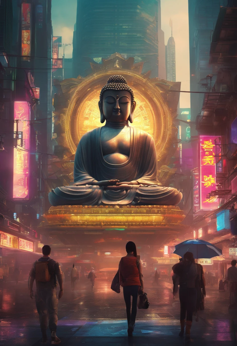 (giant buddha statue meditating:1.2, <lora:zyd232_BuddhaStatue_v1.1:0.6>), (cyberpunk background:1.5), (photorealistic:1.4), (best quality:1.0), (ultra highres:1.0), 8k, RAW photo, (masterpiece:0.2), ultra-detailed, (1male from behind standing on road:0.8),