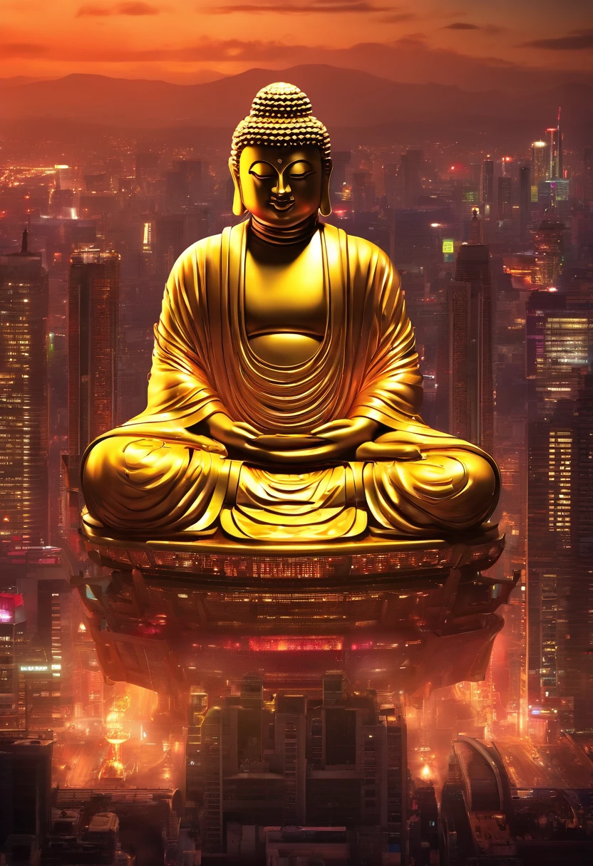 (giant towering statue of Buddha in the distance:1.5),(cyberpunk city backdrop:1.2),(photo-realistic:1.4),(best quality:1.0),(highly viewed:1.0),8K,RAW photo,(masterpiece:0.2),ultra-detailed,(pilgrims on the road:0.8)