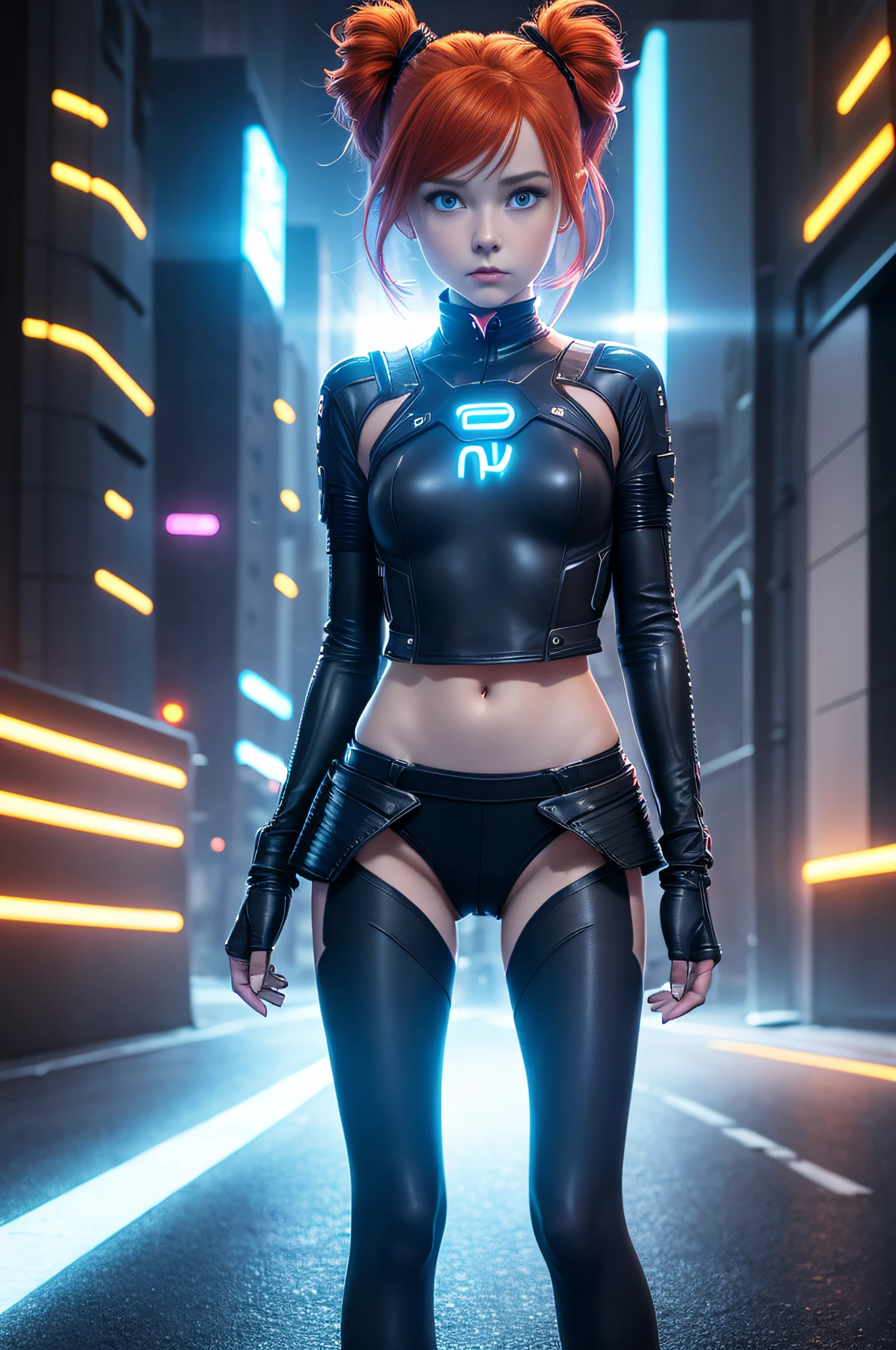 1 girl, solo, (nsfw), cute redhead 18-year-old girl in twin tails, ((perfect female body)), (cute face make up), multiple (rainbow colored hair: 1.2), (beautiful detailed blue eyes: 1.6), (photo realistic eyes: 1.6), happy, Ukrainian, (petite body), ((small hips)), pale white skin, (mini skirt and tube top), (matte pantyhose: 1.6), (("TRON LEGACY futuristic city" style background)), (night time:1.2), photo realistic.