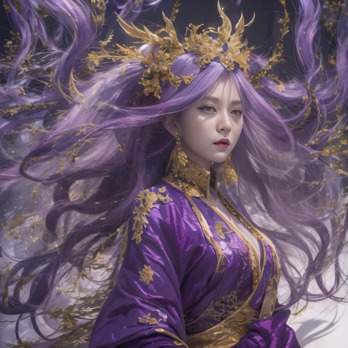 Agate glass texture 32K（tmasterpiece，k hd，hyper HD，32K）Long flowing bright purple hair，Autumn Pond，zydink， a color， Asian people （Kizi）， （Red scarf）， Combat posture， looking at the ground， long whitr hair， Floating bright purple， Fire cloud pattern gold tiara， Chinese long-sleeved gold silk garment， （abstract ink splash：1.2）， white backgrounid，Lotus protector（realisticlying：1.4），Bright purple hair，Smoke on the road，The background is pure， A high resolution， the detail， RAW photogr， Sharp Re， Nikon D850 Film Stock Photo by Jefferies Lee 4 Kodak Portra 400 Camera F1.6 shots, Rich colors, ultra-realistic vivid textures, Dramatic lighting, Unreal Engine Art Station Trend, cinestir 800，Long flowing bright purple hair