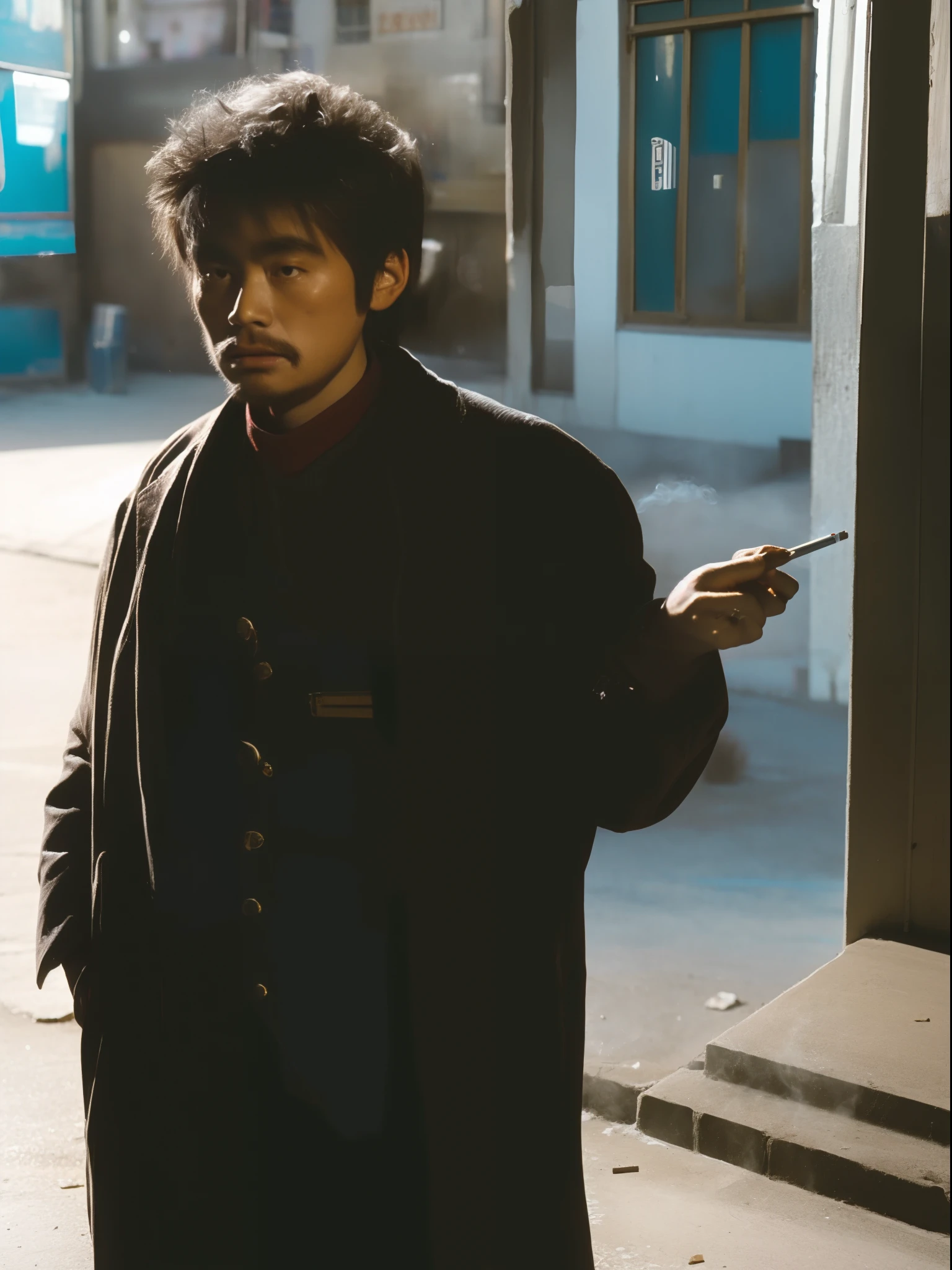 A 30-year-old Asian man,Smoking,hobo。shuge。Street side,favela。full body photo。 tmasterpiece。best qualtiy。