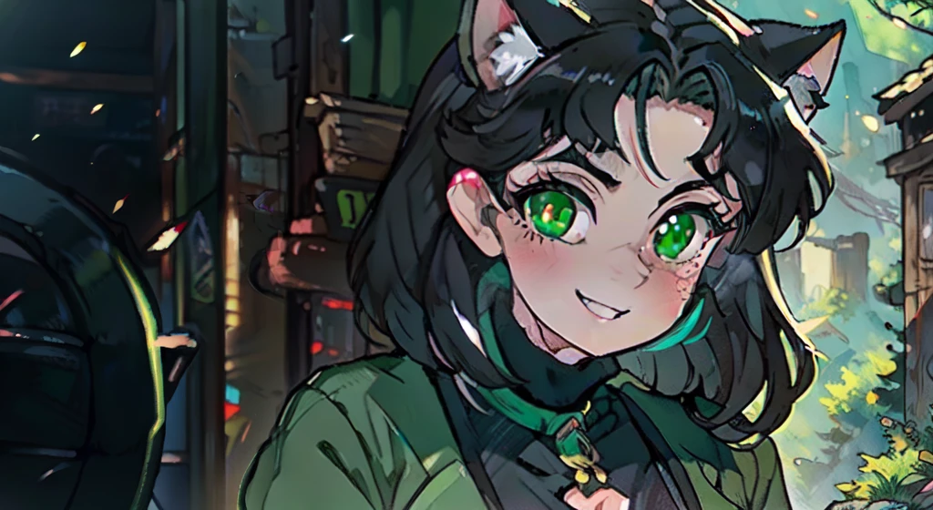 Hot mature woman, big breasts, hentai, black hair, sweet smile, mature mother, green eyes, cute outfit, lustful anime eyes, one woman, cat eyes, one hot woman