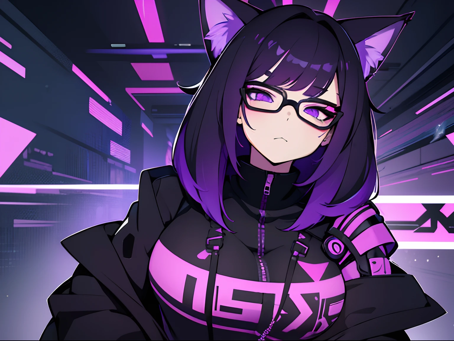 Cyberpunk mommy vibe a little chubby hot girl gamer hacker with purple and black jacket clothes ,with glasses with cat ears, com 22 anos de idade, olhos violetas brilhando, shoulder-length black short medium hair with purple tips, and serious expression