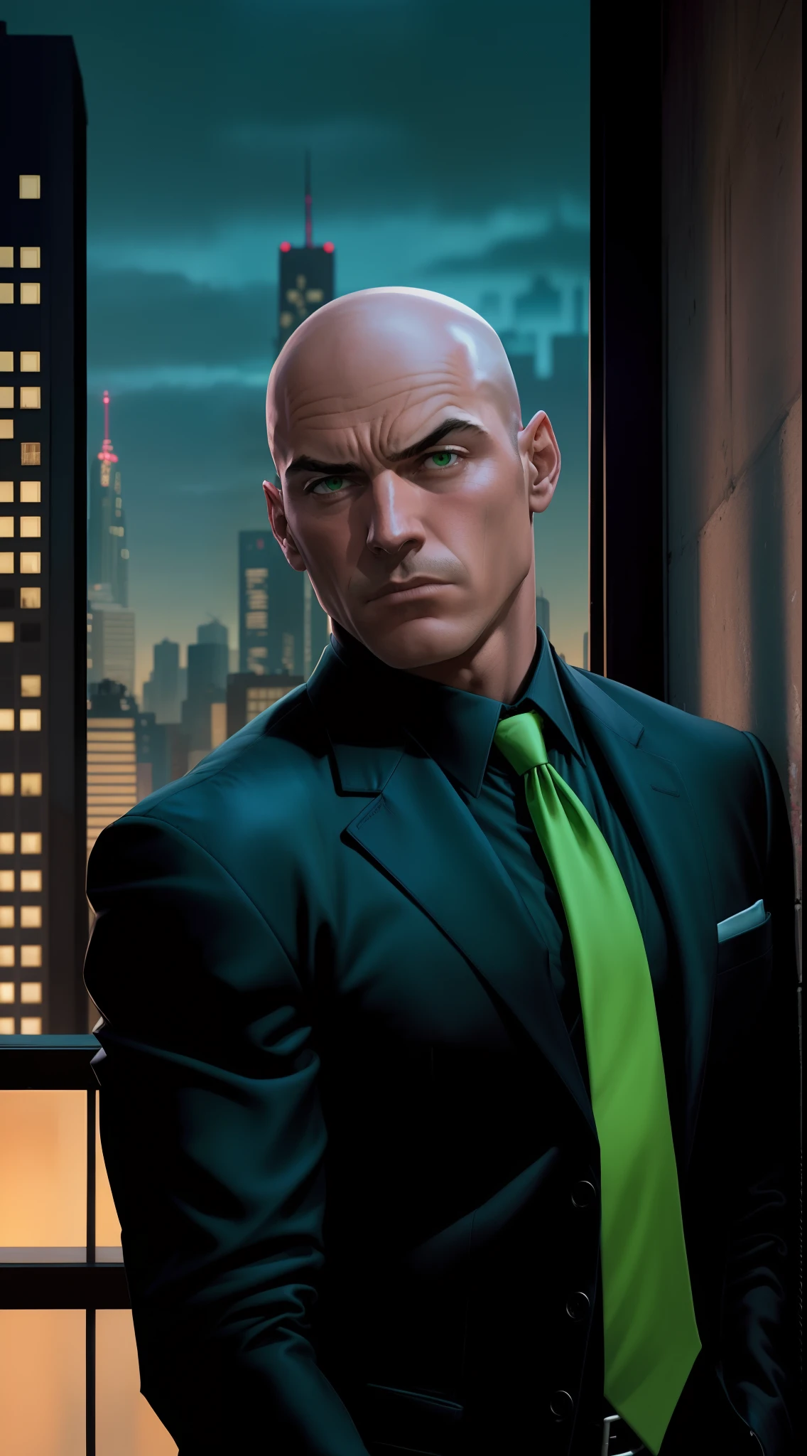 1 man, solo, upper body shot, Lex Luthor, middle-aged man, bald head, square jawline, lean muscle, broad shoulder, emotionless face, bald head, no hair, wearing a black suit, bright green tie, black dresshirt, city in the background, dusk, view from behind the back, side face, turn head