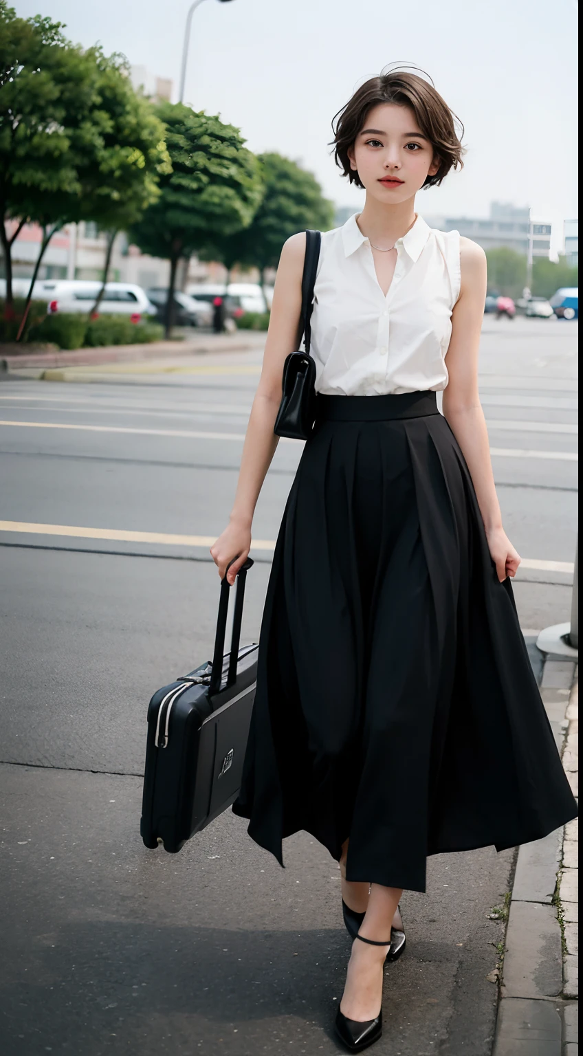 teens girl,photographers,gentle and cute,short detailed hair,(Carry-on baggage),aerodrome,long skirt