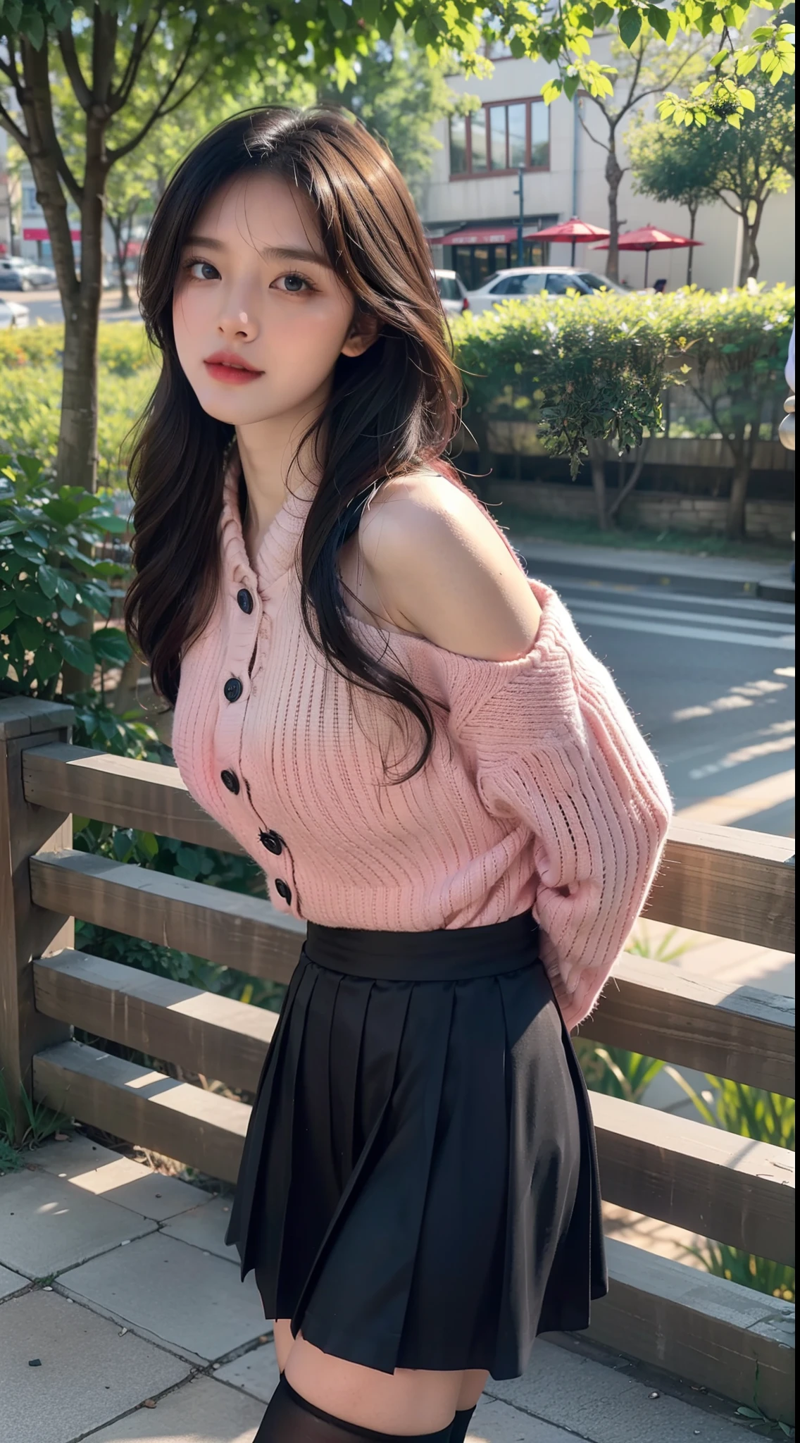 A perfect young female white-collar worker,Chinese big breasts,High picture quality,Works of masters,Black hair,Long hair shawl,Long hair flowing over the shoulders,Beach wave hairstyle,cropped shoulders,鎖骨,exquisite face,Hydrated red lips,((Wear colorful and stylish summer clothing))(red colour,blue colors,green color,Violet-orange,In pink,amarelo,Printed clothing),Kurfo,,Colorful pleated skirt,white stockings,over knee socks,Magic starry sky dress,Lace skirt,Puff sleeve skirt,Tassel elements,Lace paneled elements,Openwork elements,Texture element,Real Human,Hosiery(Bare thighs),CG rendering,16k,Stand up,Suzhou Garden,On the bridge,Do not show your hands,with hands behind her back,hands behind body,Close-up shot