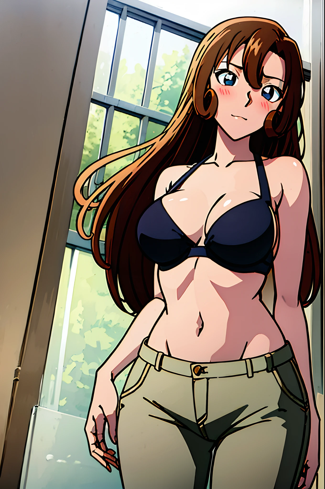 ((masterpiece)),((best quality)),ultra-detailed,illustration,1girl, solo, brown hair, long hair, flower, pants, midriff, crop top, breasts, looking at viewer, cleavage,  window, brown eyes, indoors, navel, medium breasts, bikini top, head tilt, knee up, closed mouth, bare shoulders, grey eyes, cloud, bangs, ,Beautiful body, Beautiful Nose, Beautiful character design, perfect eyes, perfect face, alluring, wallpaper, perfect lighting, Colorful, ultra highres,4K,photography, (medium breasts:1.2),(beautiful face:1.2),(narrow waist), shiny skin, anime screencap ,from below, mature female, full body, meitantei conan, standing, ((milf)), 37 years old