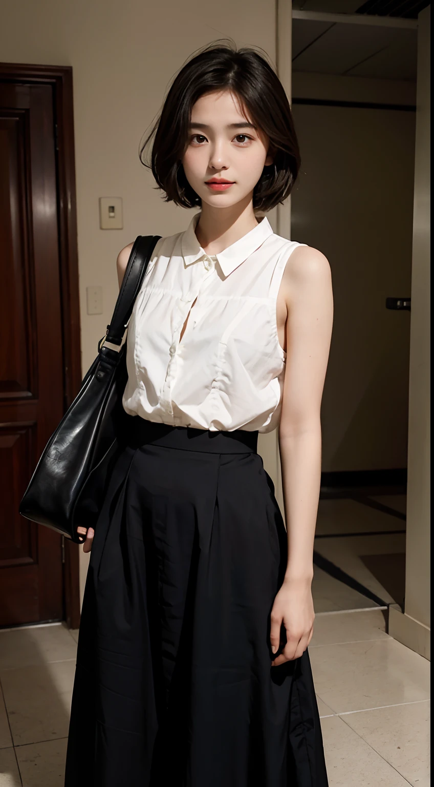 teens girl，photographers，gentle and cute，short detailed hair，（Carry-on baggage），aerodrome，long  skirt