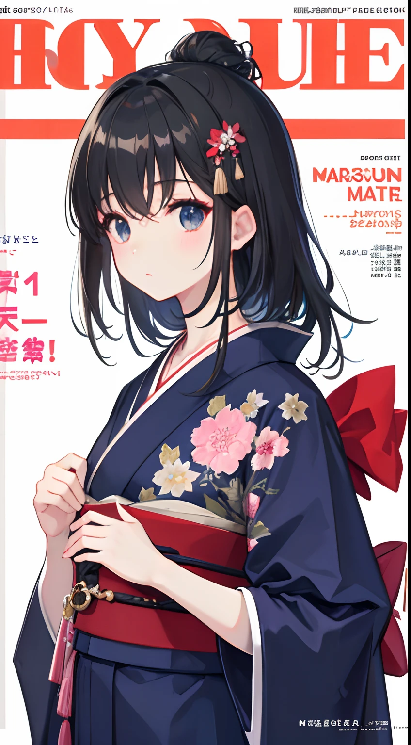 (masuter piece,Best Quality,Ultra-detailed), (A detailed face),portlate, hight resolution, 1girl in, (front-facing view), A dark-haired, Twin-tailed, Black eye, full bodyesbian, flat-chest, New fashion for kimono, Detailed kimono of the new era, (Beautiful Detail Eye: 1.1), (Detailed hand), (Detail light: 1.1), Film Light, Pale skin type, (looking at the viewers), (magazine:1.3), (cover-style:1.3), Date Clothes, Harajuku, hair adornments