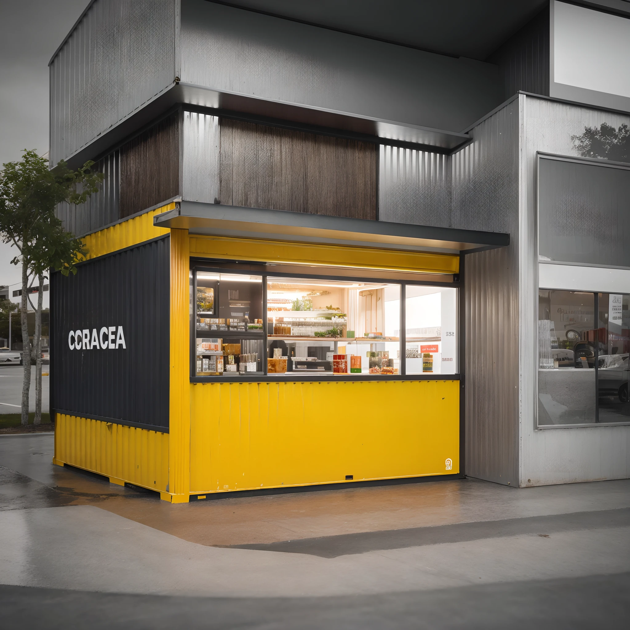 There is a modern and minimalist fast food restaurant on the side of the road,Container design，black in color，3D visualization, corona rendered, RTX, Front view