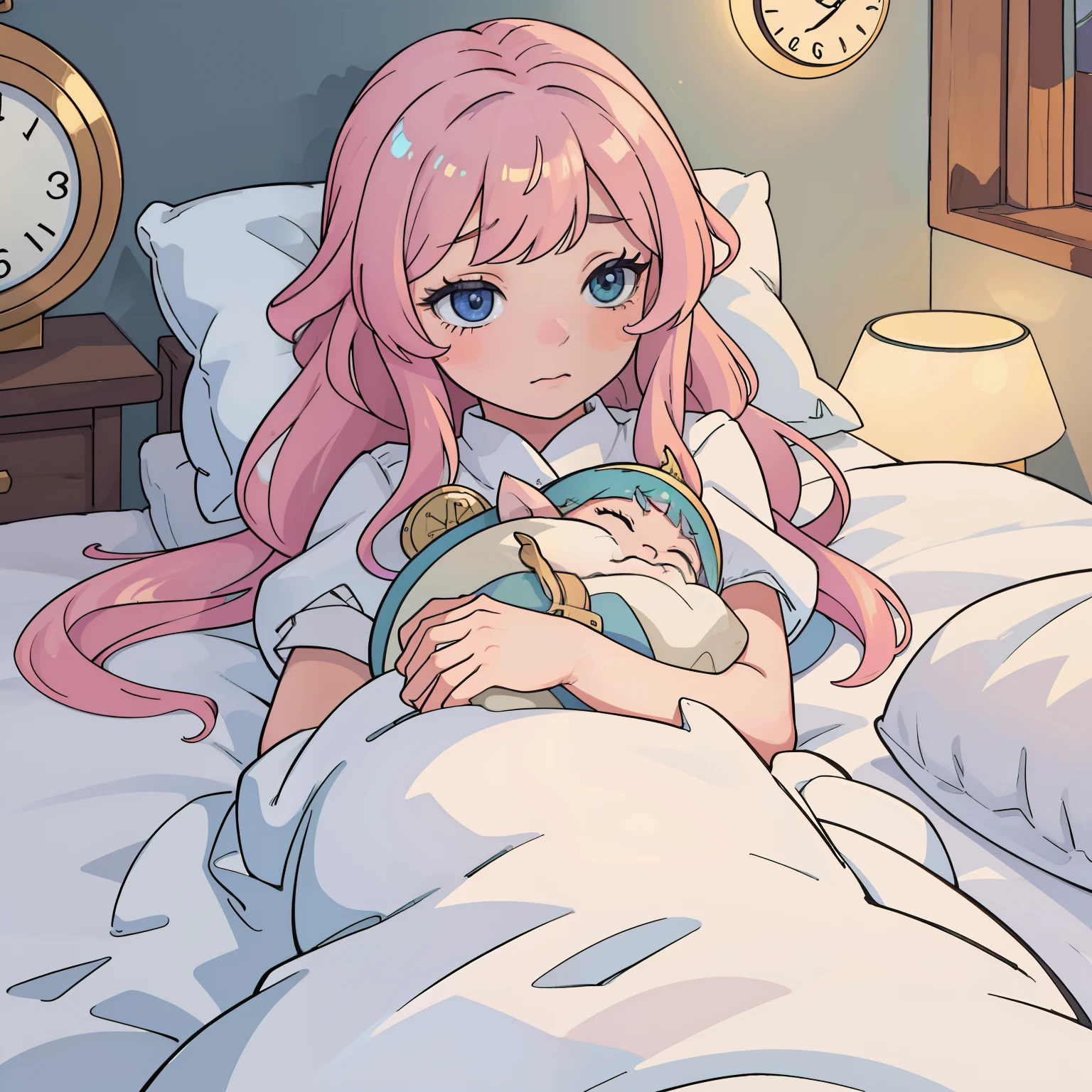 (Fluffy and sparkling bedroom),(bed with canopy:1.4),(sitting clutching the blanket:1.4),(A fluffy and warm blanket:1.3),blush,Chibi,cute,girl,Happy sleeping face,(eyes closed:1.3),(A face with a smile on its lips:1.3),(close up of face:1.3),(Fluffy white and orange hair with a lot of hair:1.3),(Long curly hair with plenty of volume:1.3),(pajamas loungewear:1.2),(Going to bed:1.5),(♡:1.4),(sitting on the bed dozing off:1.35),(light blue, white and yellow green:1.2),(happy dream:1.25),(Completely :1.45),(NSFW:1.4),