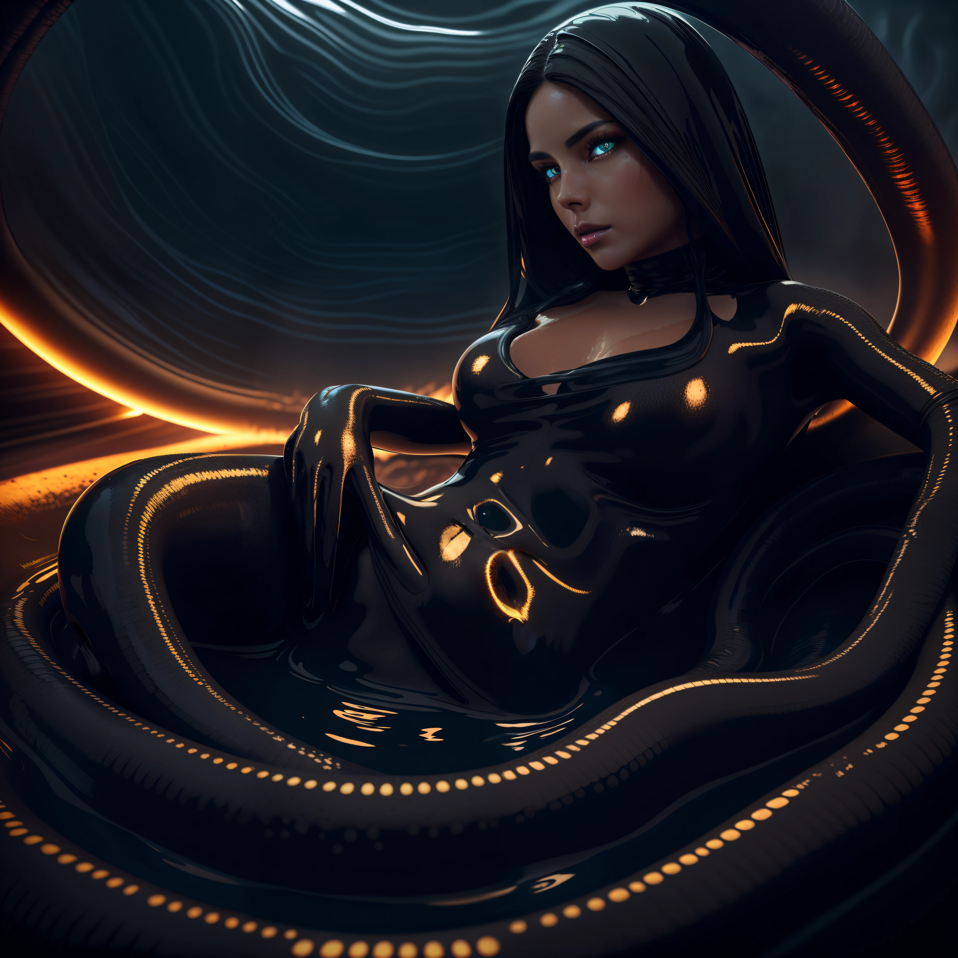 Brunette woman in a pool of black liquid, waist deep in black liquid, perfect face, glowing amber eyes, detailed face, silky smooth skin, stomach has alien tentacles, legs have black alien tentacles, dark foggy backgroun, dark foggy room, dark and gritty atmosphere, 8k, Hd,