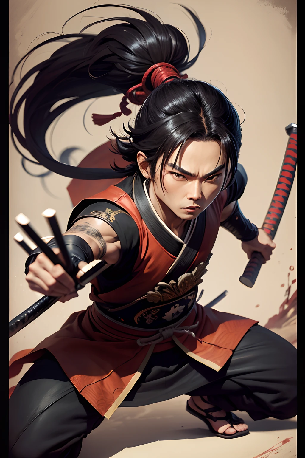 jet lee in samurai costume, katana,chinese ink style, anime