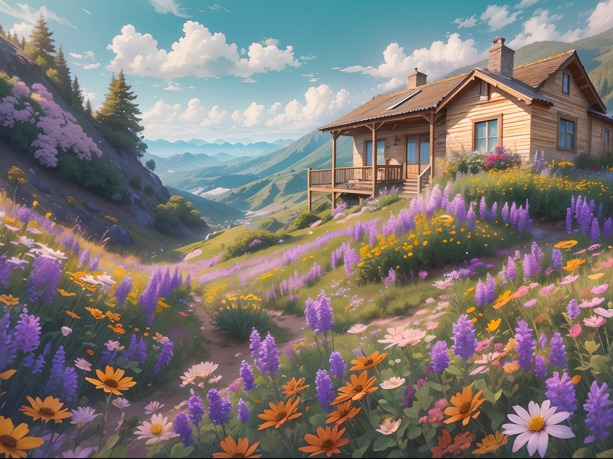 Holiday home on the hill, Sea of Clouds, wildflowers, Blue sky, Far Mountain, the detail, 4K, k hd, high high quality.
