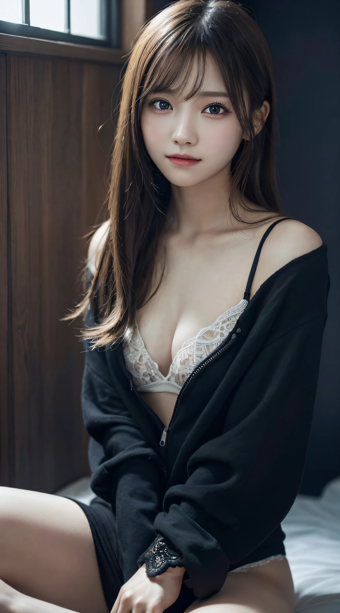 Innocent 14 year old girl、(Wear thin black loungewear)、Wear small black panties、Sitting in the room、Smile、Raw photo, (8K、top-quality、masterpiece:1.2)、(intricate detailes:1.4)、(Photorealsitic:1.4)、octane renderings、Complex 3D rendering ultra detail, Studio Soft Light, Rim Lights, vibrant detail, super detailing, realistic skin textures, Detail Face, Beautiful detail eyes, Very detailed CG Unity 16k wallpaper, make - up, (detailedbackground:1.2), shinny skin、looks to the side, Full body