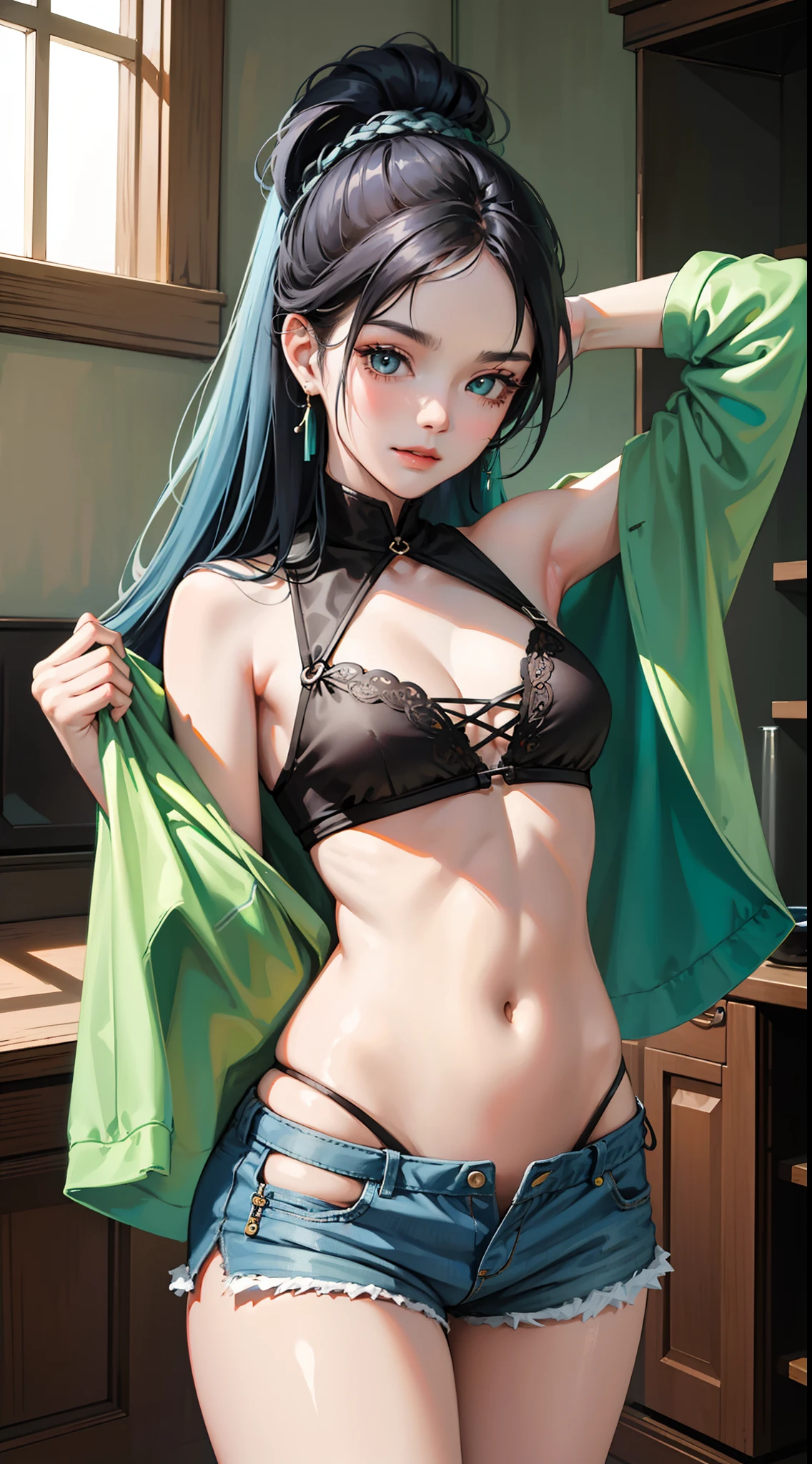 young boy, Long black hair with blue hair tips, Green eyes, Thick openwork top, Shorts, open belly, smirk, hands behind head, Masterpiece, hiquality, high detail, HD, 4k