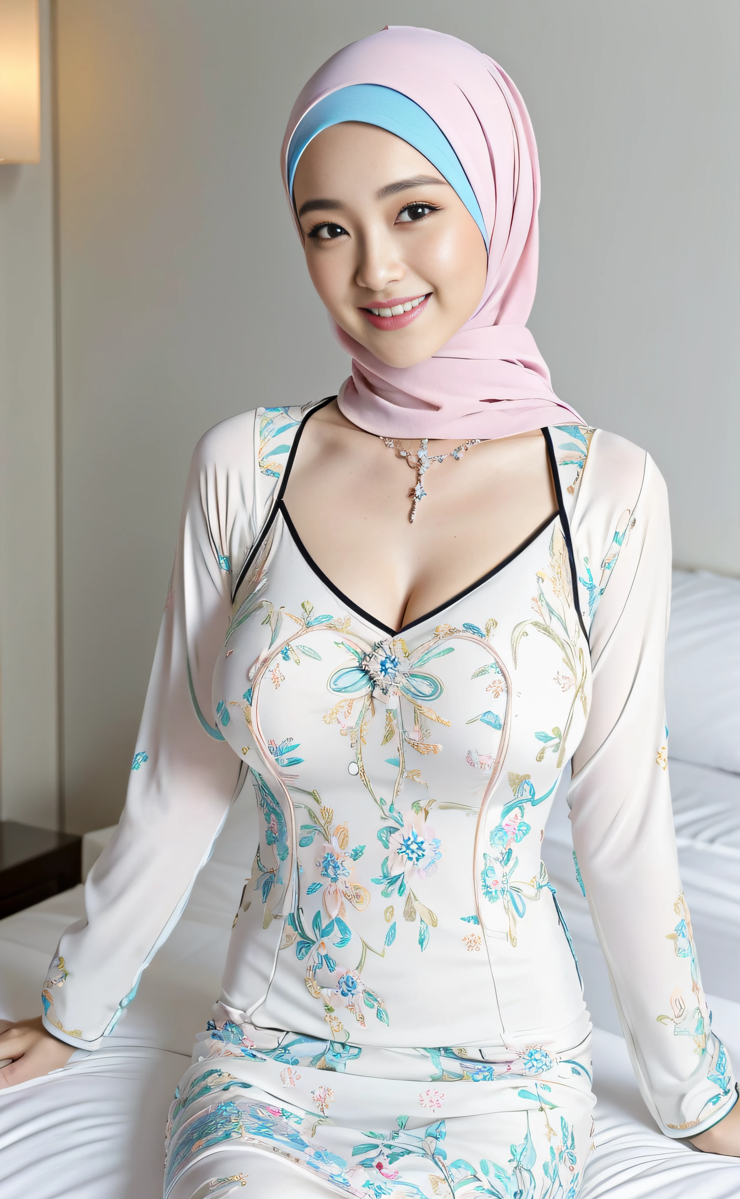 Awkarin , 30 years old , slim body abs, tall , standing, cross legs , ((gigantic breast:1.2)), beautiful lady, Nikon Z 85mm, ((best quality)) ((masterpiece)), intricate detail, ((almost )), sharp focus, professional, realistic, real life, hyperreal, photorealistic, fine detail, best quality, very Detailed CG unity 8k wallpaper, perfect artwork, Full body, glowing eyes, realistic, perfect female hourglass figure, thin waist, wide buttocks, looking at viewer, extremely delicate and beautiful, best quality, beautiful detail girl, beautiful eye detail, face lighting, film lighting, perspective, revealing buttocks, perfect collarbone, realistic facial expression, (exquisite detail, makeup, (exquisite beautiful exquisite face, delicate and beautiful eyes, a face with perfect proportions, high-detailed skin,((wearing tight pastel floral malay Ao Dai with closed hijab)), simple diamond necklace, ((closed clothes), ((polite clothes)), luxury hotel bedroom, dynamic pose, shy smile