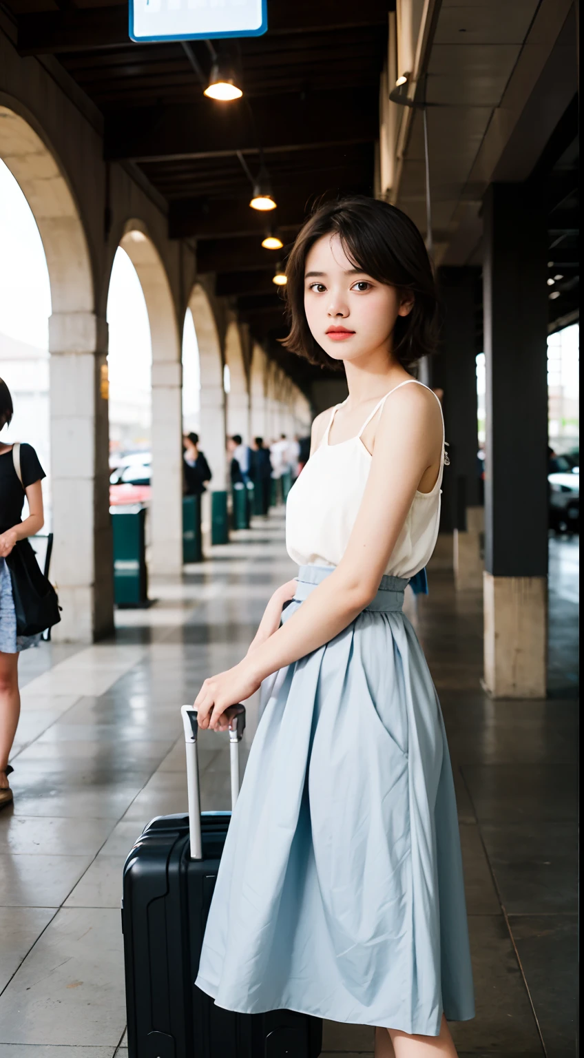 s girl,photographers,gentle and cute,short detailed hair,(Carry-on baggage),aerodrome,long skirt