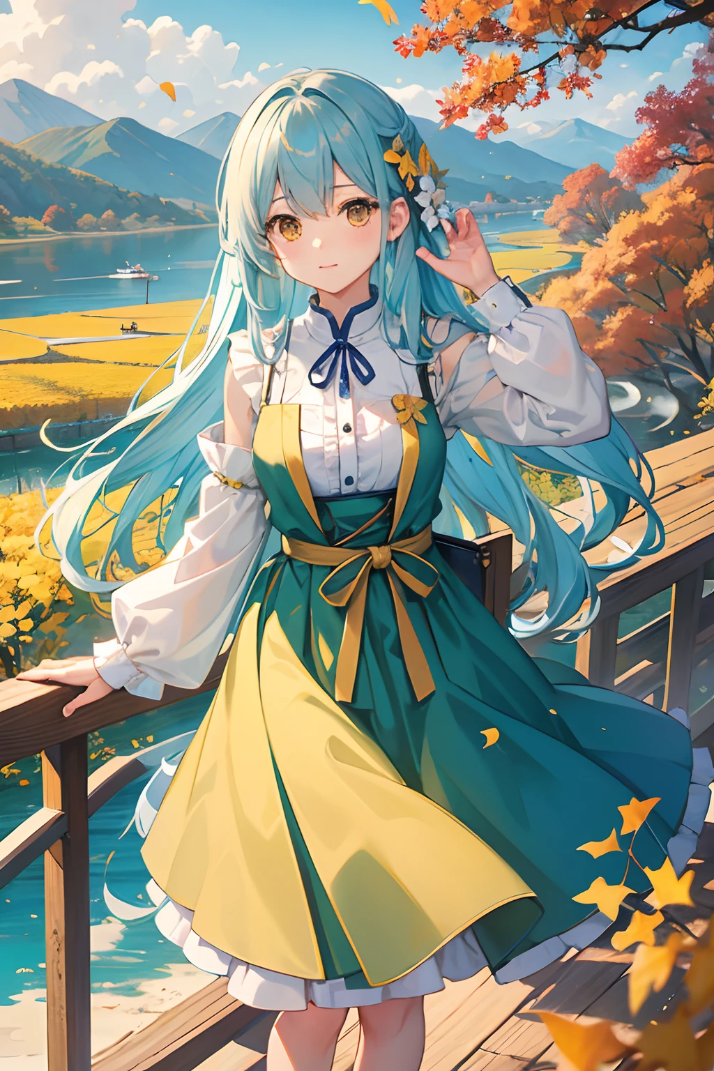 Pretty girl、Light blue long hair、Yellow and brown dresses、autumnal、Pasture、Bright autumn leaves and autumn leaves、Yellow ginkgo tree、Clear lake、Large clouds、blue open sky、Autumn weather、HD Detail、wet watermarks、Hyper-detailing、movie、surrealism、Soft light、Deep field focus bokeh、Snowy mountains in the distance、Ray traching、surrealism。 --v6