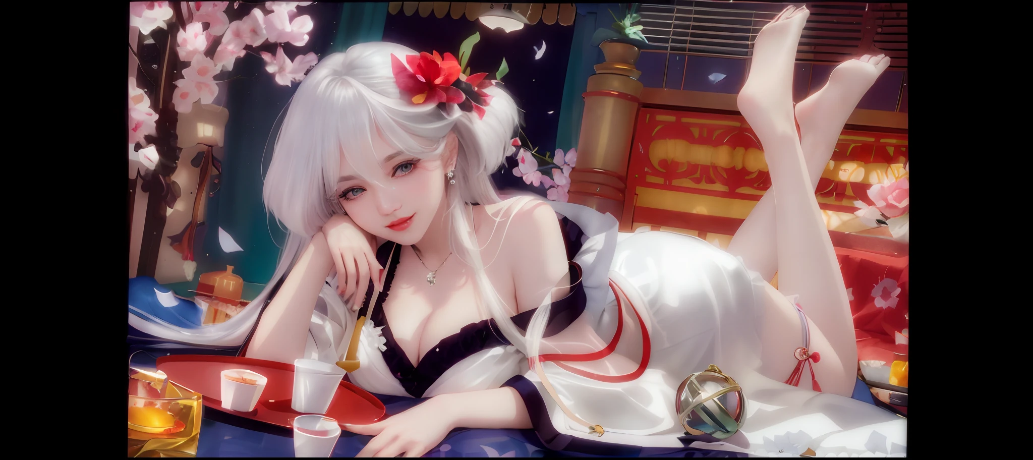 lying on bed, aroused, necklace, earrings, full body, long white hair, white kimono, superb, ultra-high-definition, RAW photo, realism: 1.25), (bright lip gloss, long eyelashes, smooth face, bright skin, natural shadows, wide light, wide light, depth of field, strong colors, subtle caustics: 0.8), smile, (big tits), v6