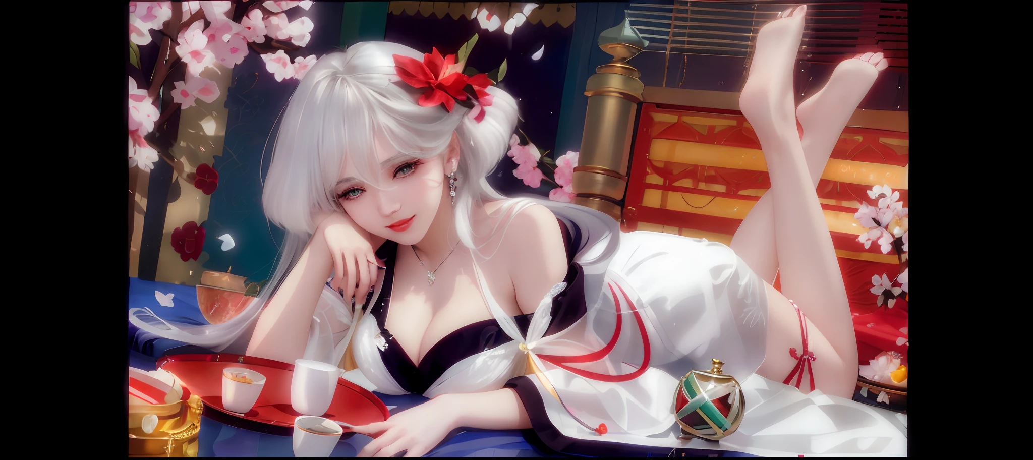 lying on bed, aroused, necklace, earrings, full body, long white hair, white kimono, superb, ultra-high-definition, RAW photo, realism: 1.25), (bright lip gloss, long eyelashes, smooth face, bright skin, natural shadows, wide light, wide light, depth of field, strong colors, subtle caustics: 0.8), smile, (big tits), v6