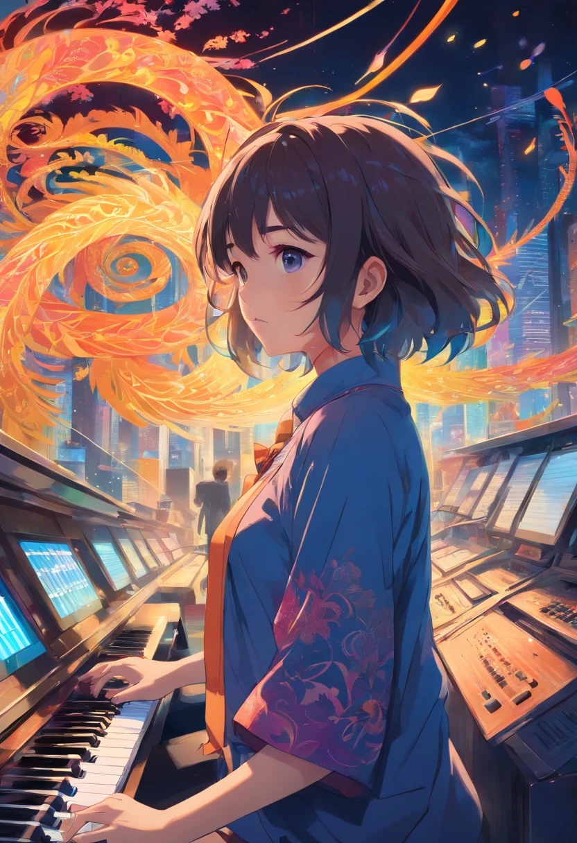 official art, unity 8k wallpaper, ultra detailed, beautiful and aesthetic, masterpiece, best quality, (zentangle, mandala, tangle, entangle), (fractal art:1.3) , 1girl, extremely detailed, dynamic angle, cowboyshot, the most beautiful form of chaos, elegant, a brutalist designed, vivid colours, romanticism, by james jean, roby dwi antono, ross tran, francis bacon, michal mraz, adrian ghenie, petra cortright, gerhard richter, takato yamamoto, ashley wood, atmospheric, ecstasy of musical notes, streaming musical notes visible