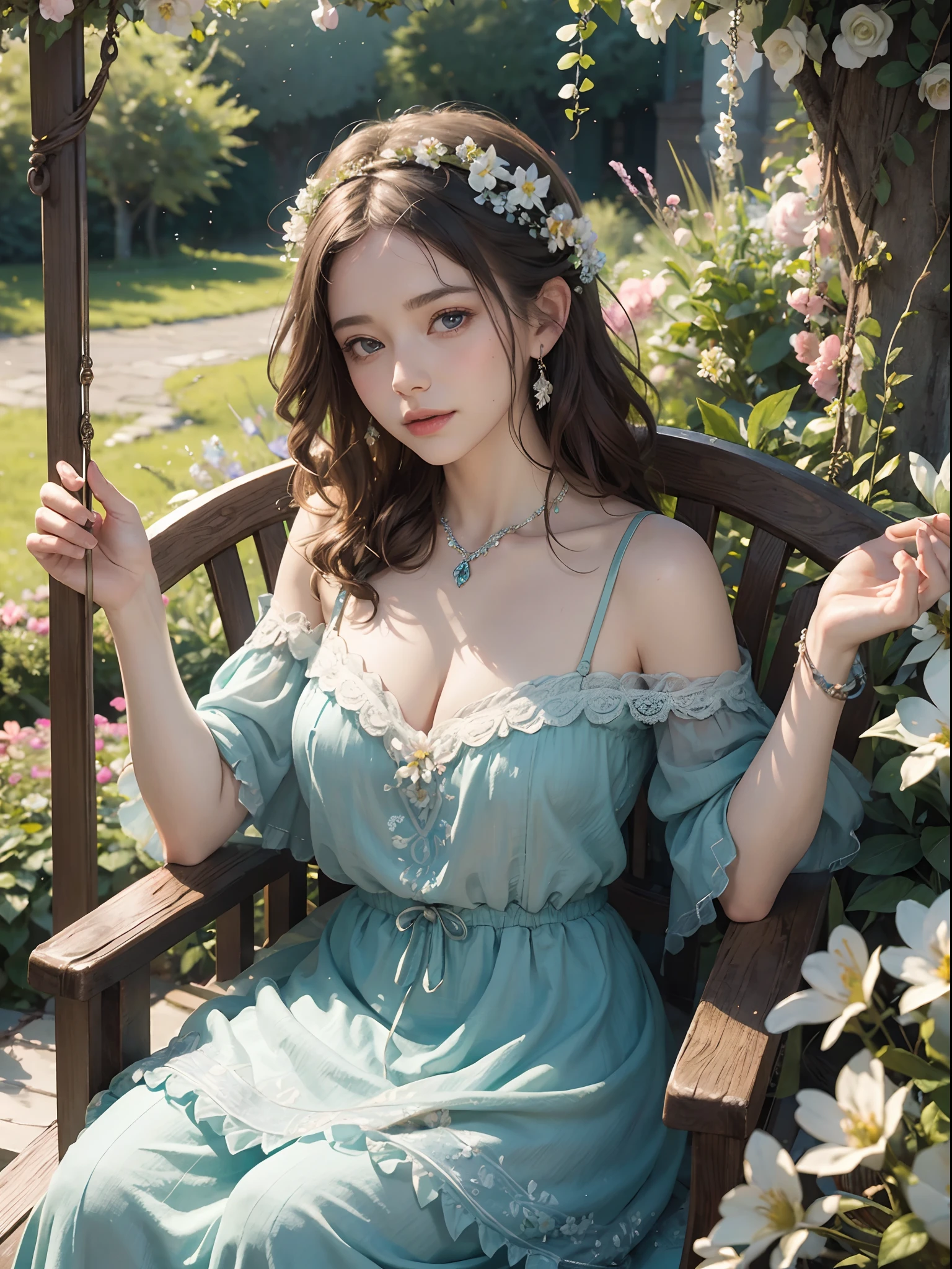 (masterpiece), (best quality), extremely delicate and beautiful, illustration, depth of field, HDR, intricate, delicate, fantasy backdrop, A wise old woman with kind eyes, sitting on a porch swing, surrounded by blooming flowers and lush greenery