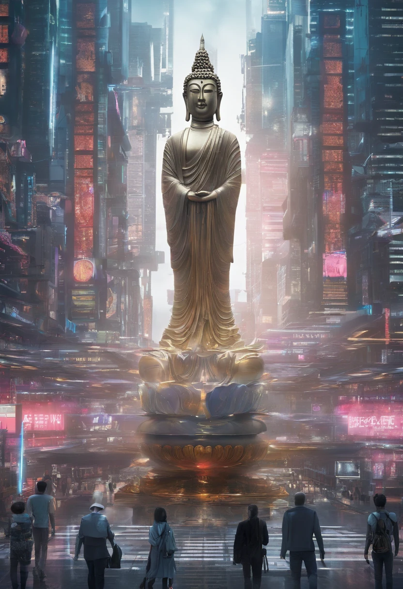 (Towering Buddha statue in the distance:1.5),(Cyberpunk city setting:1.2),(photo-realistic:1.4),(Best quality:1.0),(Highly concerned:1.0),8K,RAW photo,(Masterpiece:0.2),Ultra-detailed,(Pilgrims on the road:0.8)