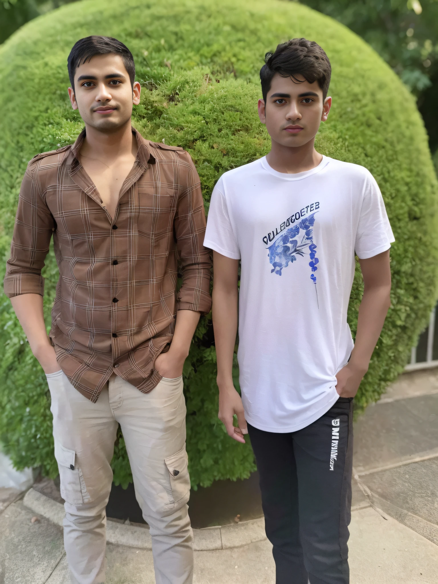 two men standing next to each other in front of a bush, two young men, ghutra and egal, taken with sony alpha 9, with accurate face, photo taken in 2 0 2 0, taken with canon 8 0 d, jayison devadas, cute boys, with two characters, very accurate photo, profile pic, friendship, accurate depiction, beautiful image