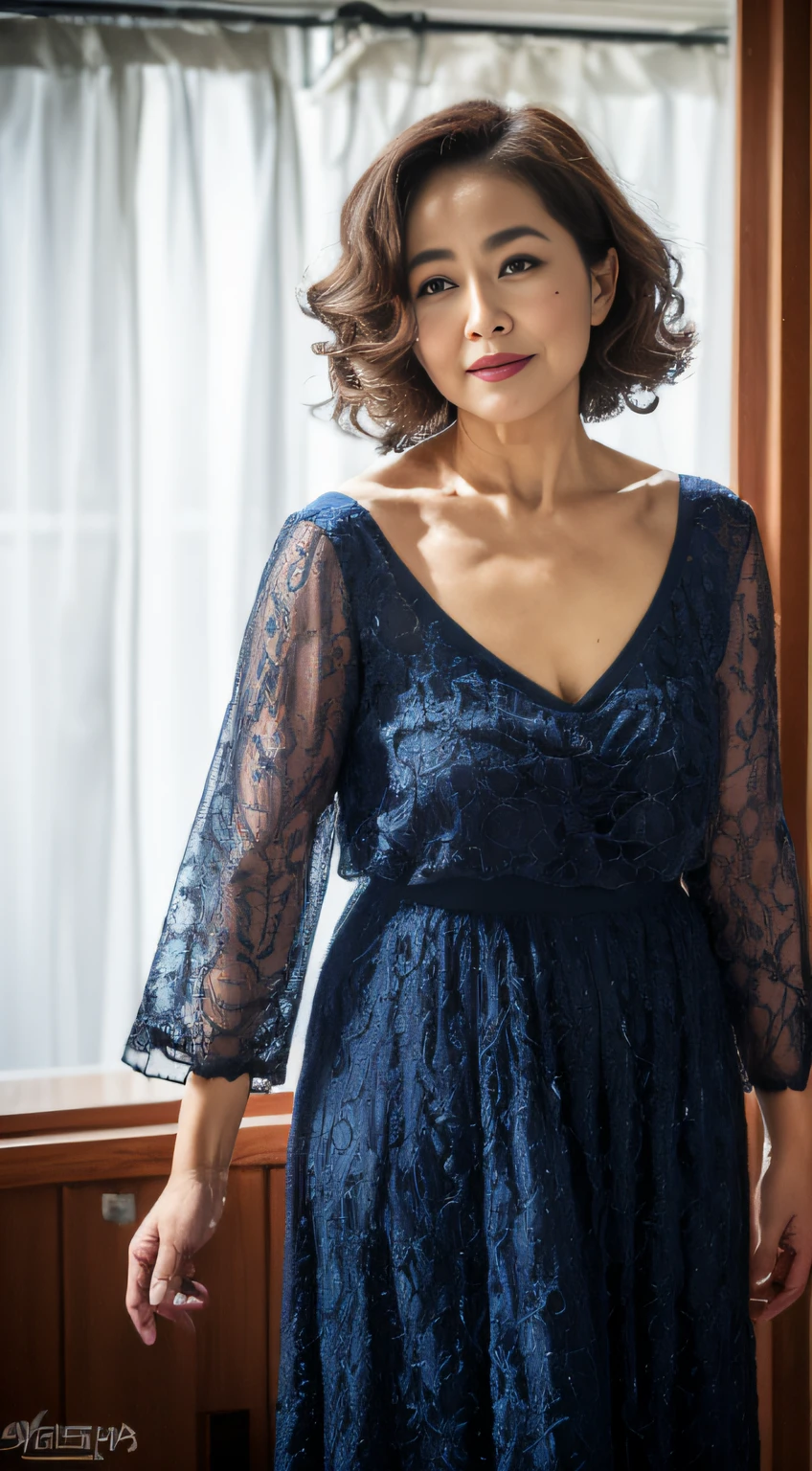 A woman in a blue dress standing by a window - SeaArt AI