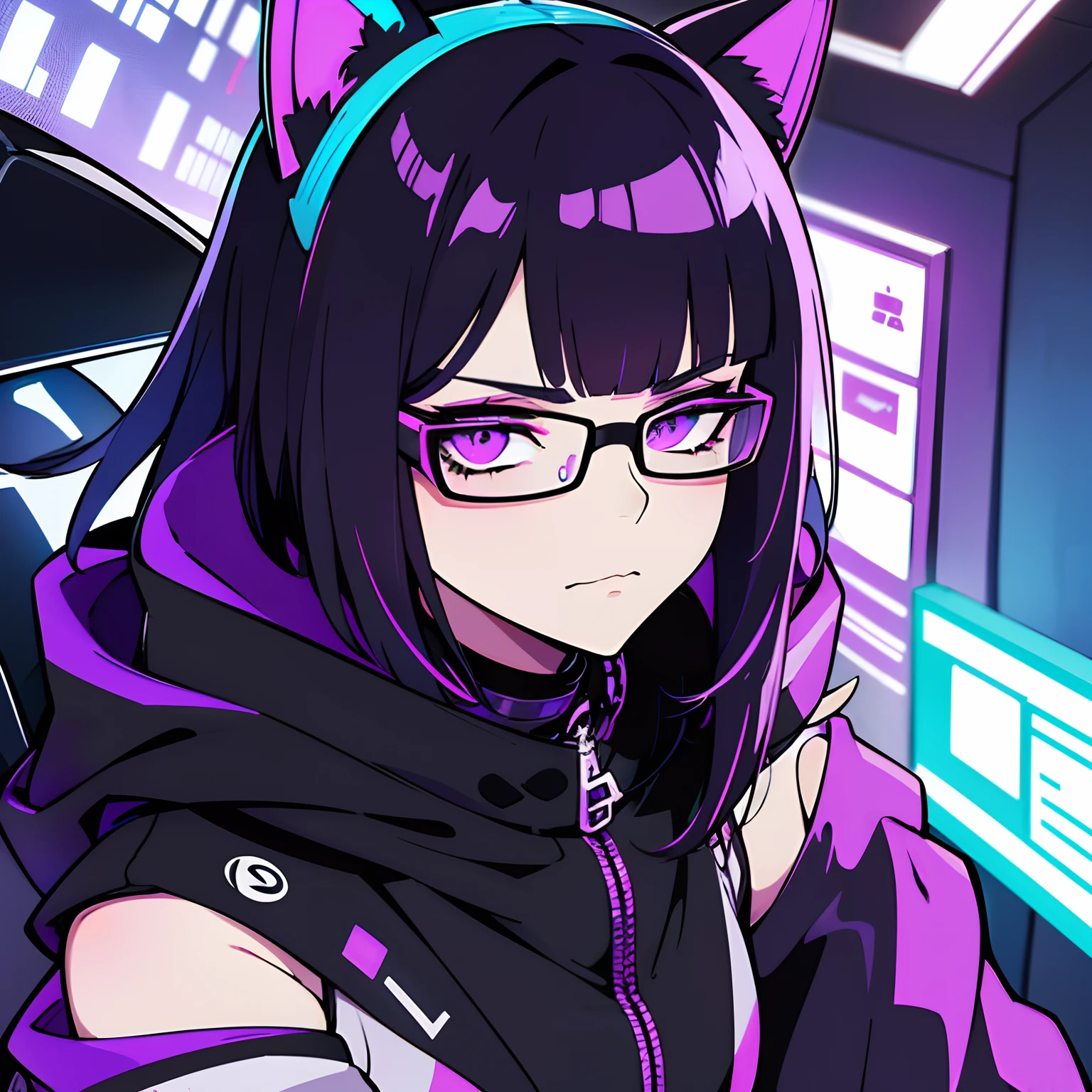 Cyberpunk mommy vibe a little chubby hot girl gamer hacker with purple and black jacket clothes ,with glasses with cat ears, com 22 anos de idade, olhos violetas brilhando, shoulder-length black short medium hair with purple tips, and serious expression