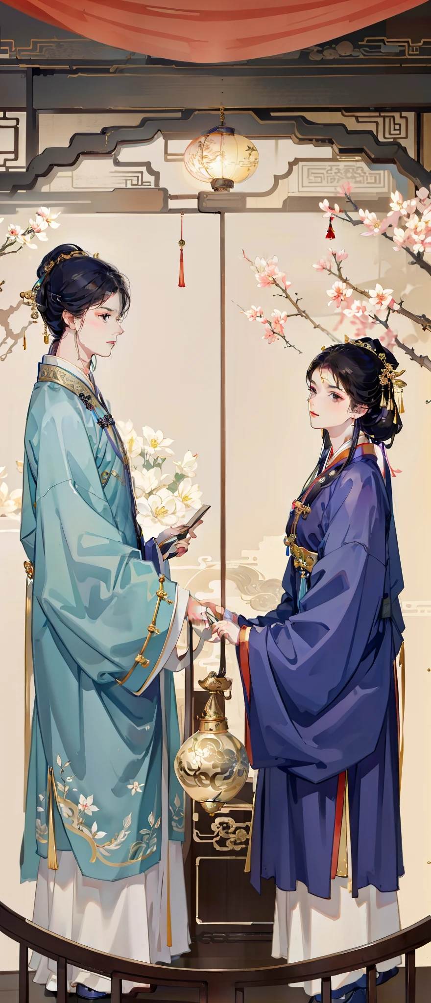 A man and a woman wear ancient Chinese clothes, with acient chinese clothes, Traditional Chinese clothing, White Hanfu, dragon-inspired cloth robes, interior scenes,Ancient bedroom,round doors,indoor background,A boy in Hanfu holding a book, Girl holding a round fan,A girl in Hanfu, wearing a long flowing robe, Wearing a luxurious silk cloak, dressed in simple robes, Wearing a flowing purple robe,The boy on the left,Girl on the right,