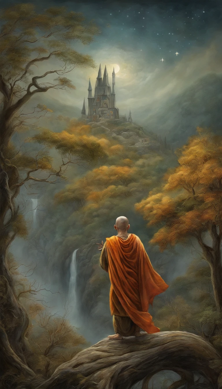 masterpiece, best quality, ultra-detailed, illustration, 1 Buddhist monk, solo, fantasy, flying, broom, night sky, outdoors, magic, spells, moon, stars, clouds, wind, cape, broomstick, glowing, mysterious, enchanting, whimsical, playful, adventurous, freedom, wonder, imagination, determination, skill, speed, movement, energy, realism, naturalistic, figurative, representational, beauty, fantasy culture, mythology, fairy tales, folklore, legends, witches, wizards, magical creatures, fantasy worlds, composition, scale, foreground, middle ground, background, perspective, light, color, texture, detail, beauty, wonder.