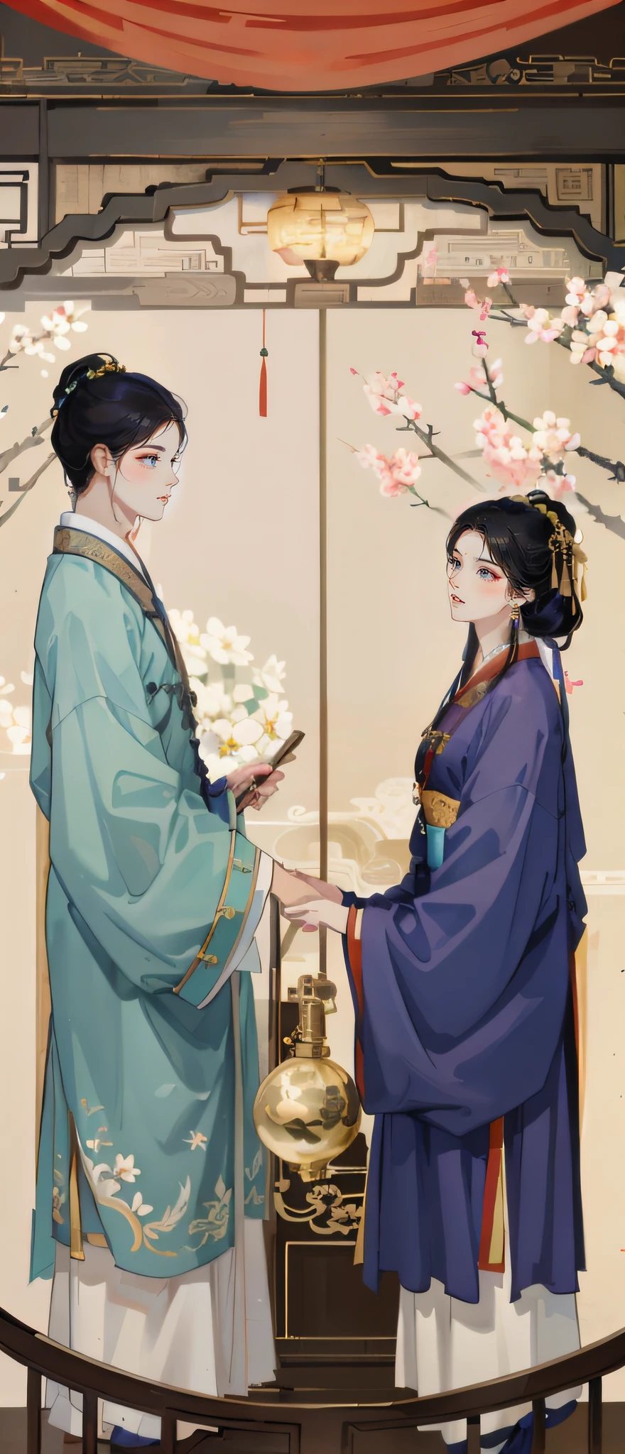 A man and a woman wear ancient Chinese clothes, with acient chinese clothes, Traditional Chinese clothing, White Hanfu, dragon-inspired cloth robes, interior scenes,Ancient bedroom,round doors,indoor background,A boy in Hanfu holding a book, Girl holding a round fan,A girl in Hanfu, wearing a long flowing robe, Wearing a luxurious silk cloak, dressed in simple robes, Wearing a flowing purple robe,The boy on the left,Girl on the right,
