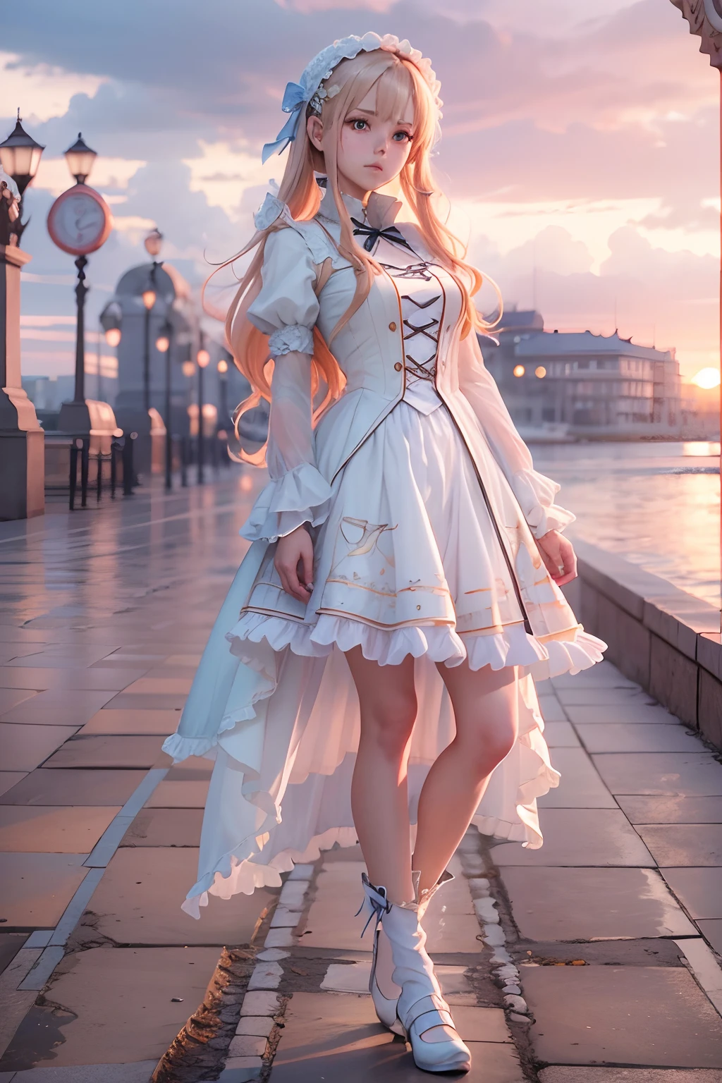 Seafront, Sunrise clouds, Long Sword Art Online, Lolita costume dress, Dynamic posture， 8K, High detail, hyper qualit, high resolution, 8k smooth, landscape shot, 8K, High detail, hyper qualit, high resolution, 8k smooth, landscape shot, super wide shot,  iso-distance view