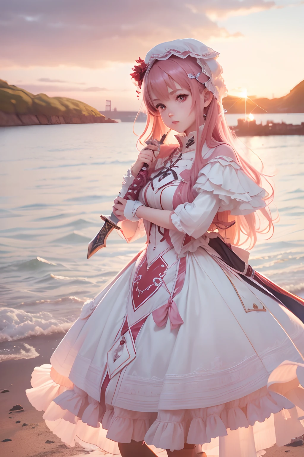 Seafront, Sunrise clouds, Long Sword Art Online, Lolita costume dress, Dynamic posture, 8K, High detail, hyper qualit, high resolution, 8k smooth, landscape shot, 8K, High detail, hyper qualit, high resolution, 8k smooth, landscape shot, super wide shot, iso-distance view