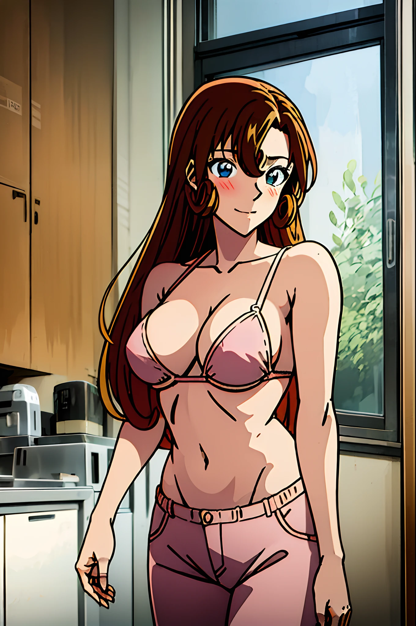 ((masterpiece)),((best quality)),ultra-detailed,illustration,1girl, solo, brown hair, long hair, flower, pants, midriff, crop top, breasts, looking at viewer, cleavage, window, brown eyes, indoors, navel, medium breasts, bikini top, head tilt, knee up, closed mouth, bare shoulders, grey eyes, cloud, bangs, ,Beautiful body, Beautiful Nose, Beautiful character design, perfect eyes, perfect face, alluring, wallpaper, perfect lighting, Colorful, ultra highres,4K,photography, (medium breasts:1.2),(beautiful face:1.2),(narrow waist), shiny skin, anime screencap ,from below, mature female, full body, meitantei conan, standing, ((milf)), 37 years old