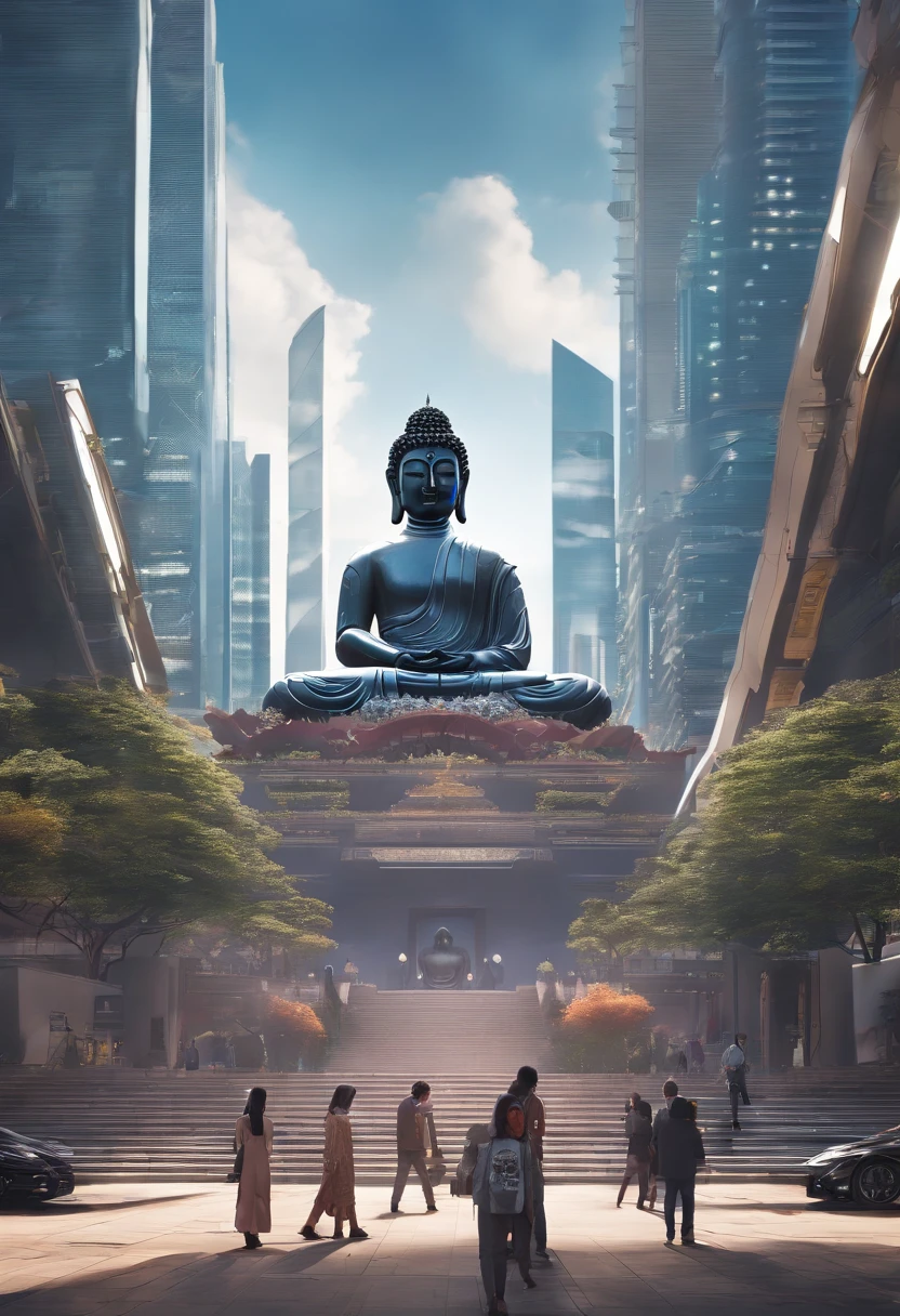 (Towering Buddha statue in the distance:1.5),(Cyberpunk city setting:1.2),(photo-realistic:1.4),(Best quality:1.0),(Highly concerned:1.0),8K,RAW photo,(Masterpiece:0.2),Ultra-detailed,(Pilgrims on the road:0.8)
