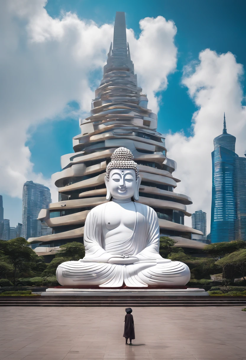 (Towering Buddha statue in the distance:1.5),(Cyberpunk city setting:1.2),(photo-realistic:1.4),(Best quality:1.0),(Highly concerned:1.0),8K,RAW photo,(Masterpiece:0.2),Ultra-detailed,(Pilgrims on the road:0.8)