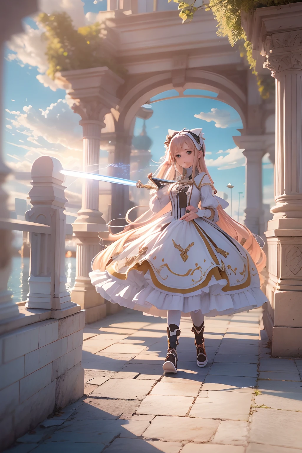 Seafront, Sunrise clouds, Longsword Art Online, Lolita costume dress, Dynamic posture， 8K, High detail, hyper qualit, high resolution, 8k smooth, landscape shot, 8K, High detail, hyper qualit, high resolution, 8k smooth, landscape shot, super wide shot,  iso-distance view