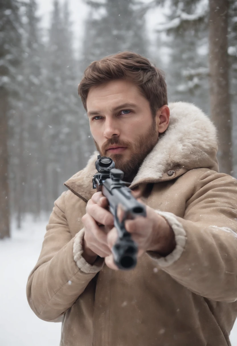 16 K, awardwinning, hight resolution, high details, Super Detail, Anatomically correct, Textured skin,Best Quality, (8K, Raw photo, Best Quality, masutepiece:1.2), (Realistic, Photorealsitic:1.4),snow mountains, Hunting,  Cinematic lighting, (1male people:1.3),(Hunter aiming at prey with rifle:1.1), White rabbit, Deer with fine antlers, There is a deer in the distance, Look at the scope of the gun and aim, White Eskimo Jacket, Falling snow, a beard, Fuji Film,