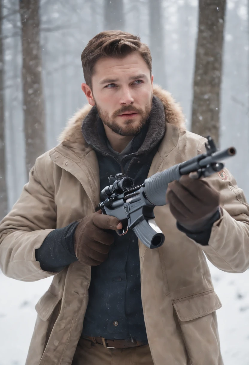 16 K, awardwinning, hight resolution, high details, Super Detail, Anatomically correct, Textured skin,Best Quality, (8K, Raw photo, Best Quality, masutepiece:1.2), (Realistic, Photorealsitic:1.4),snow mountains, Hunting,  Cinematic lighting, (1male people:1.3),(Hunter aiming at prey with rifle:1.1), White rabbit, Deer with fine antlers, There is a deer in the distance, Look at the scope of the gun and aim, White Eskimo Jacket, Falling snow, a beard, Fuji Film,