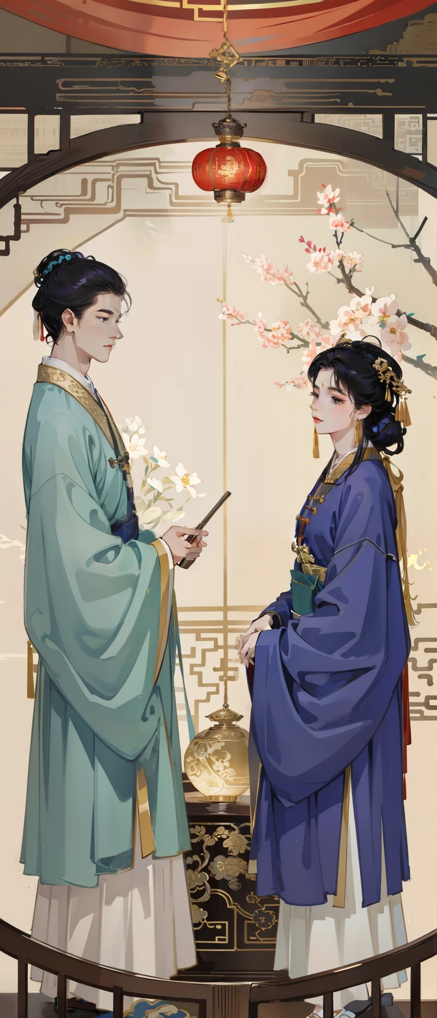 interior scenes,Ancient bedroom,round doors,indoor background,A man and a woman dressed in ancient Chinese costumes, with acient chinese clothes, Traditional Chinese clothing, The boy in Hanfu holds a book, Hanfu girl with round fan,Wearing a luxurious silk cloak, dressed in simple robes, Wearing a flowing purple robe,The boy on the left,Girl on the right,Gorgeous costumes,The woman wears a gold coat on her head,Anime art rendering,Light and shadow rendering,3D game scene,4D game scene,Comfortable light and shadow,