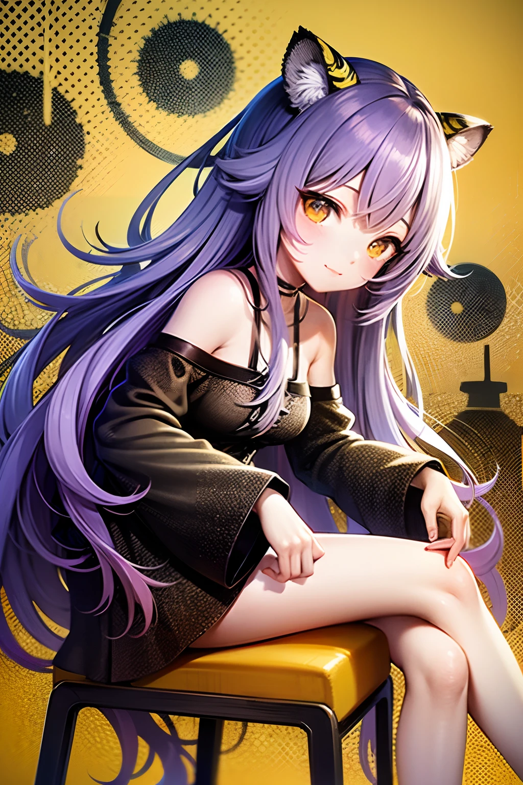 Long haired manga girl sitting on a chair、Tiger Ears、pop-art、Manga Girl、Light purple hair、plushies:Tiger Tiger、Chibi Girl、Cute art style、Charikature、Yellow and black background、princess dress