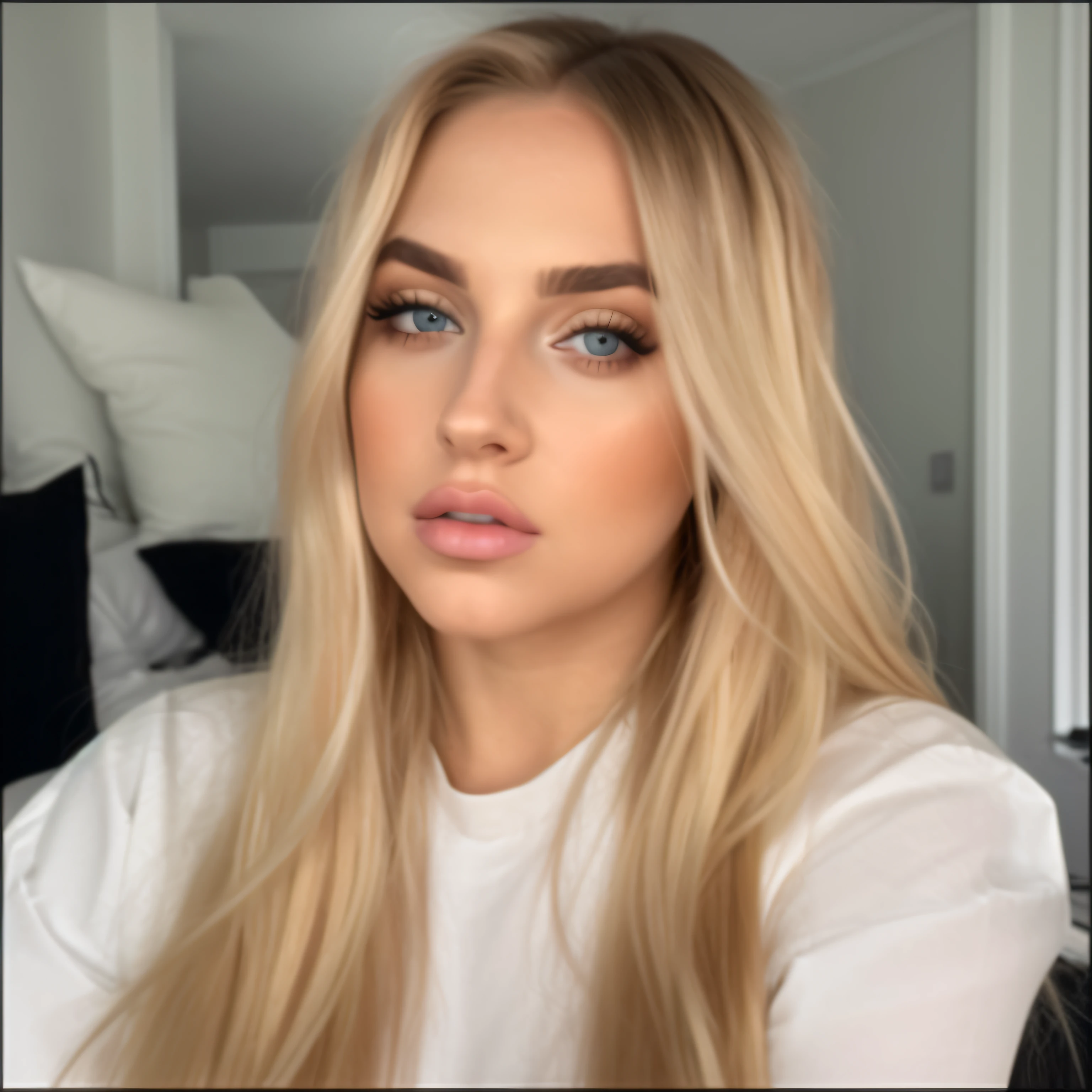 a close up of a woman with long blonde hair and a white shirt, big bold thick eyebrows, long blonde hair and large eyes, with professional makeup, a blond, blonde hair and large eyes, kailee mandel, she has blond hair, most beautiful woman on earth, brunette with dyed blonde hair, ava max, with long blond hair