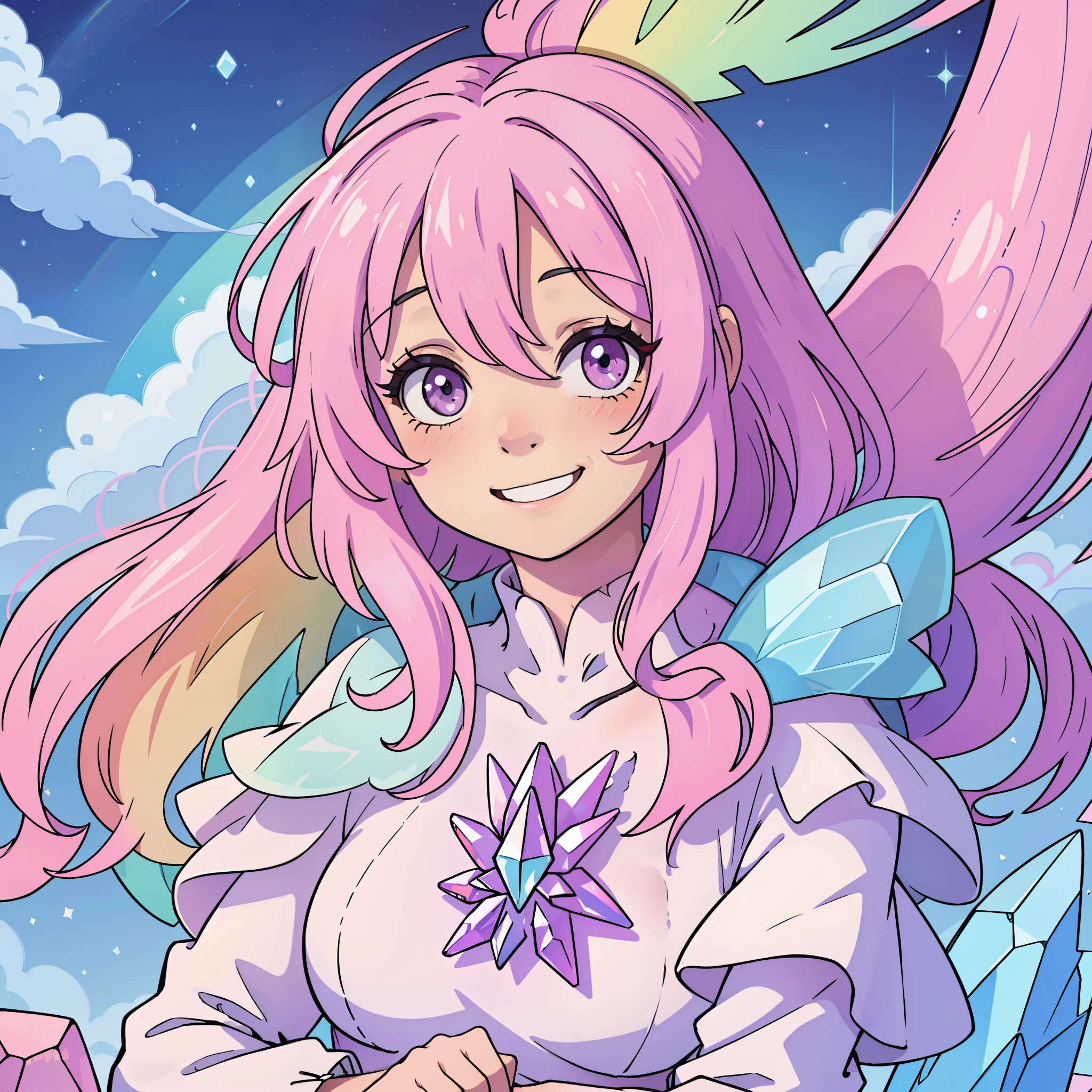 crystalline rainbow goddess fairy pink, smiling