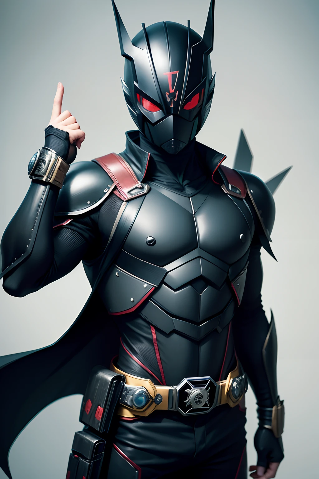 Japan Tokusatsu Hero、Kamen Rider、male people、eyes round and large、Grasshopper motif、black suits、Windmill belt at waist、Mask eye shape circular and large、The eyes of the mask are a little vertical with aye-aye