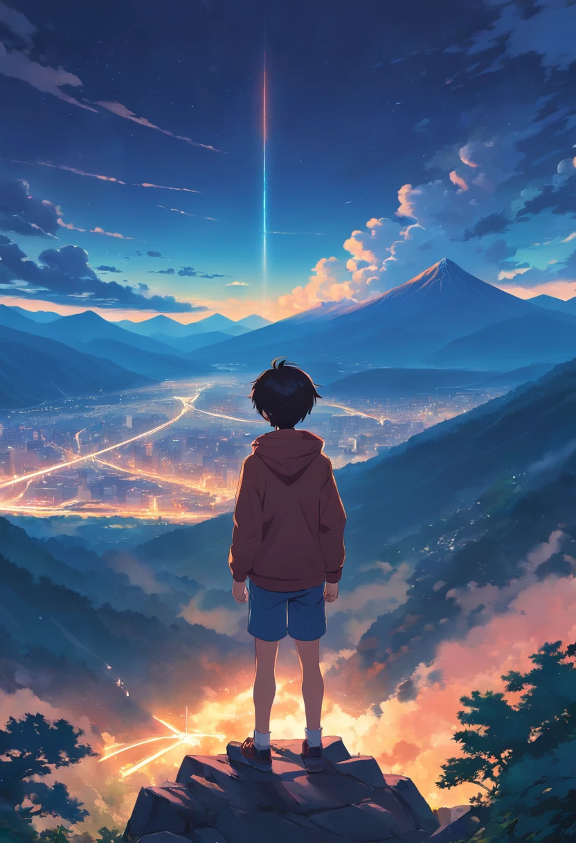 A boy with darkness who has immensive power  who slaughtered a clan  standing with a great tragic style   with no  regrets attitude  on  top of the mountain.