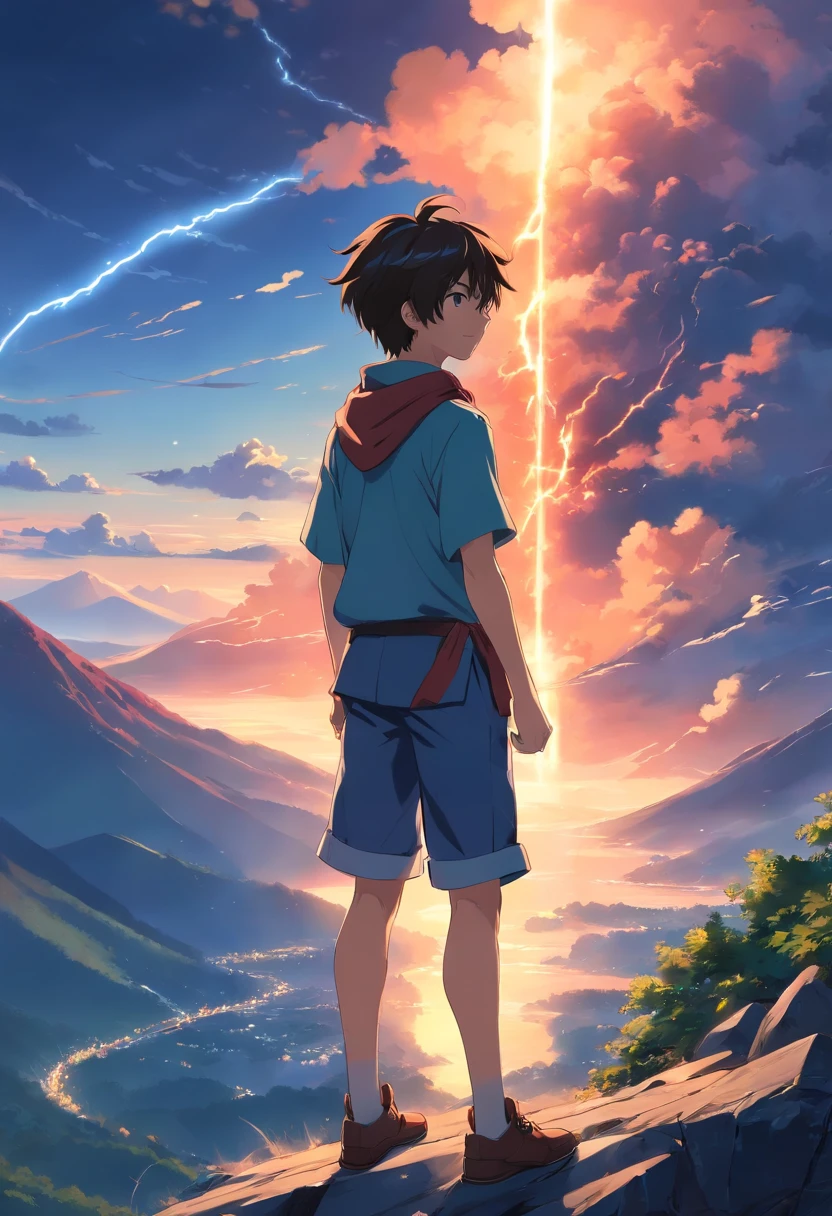 A boy with darkness who has immensive power  who slaughtered a clan  standing with a great tragic style   with no  regrets attitude  on  top of the mountain.