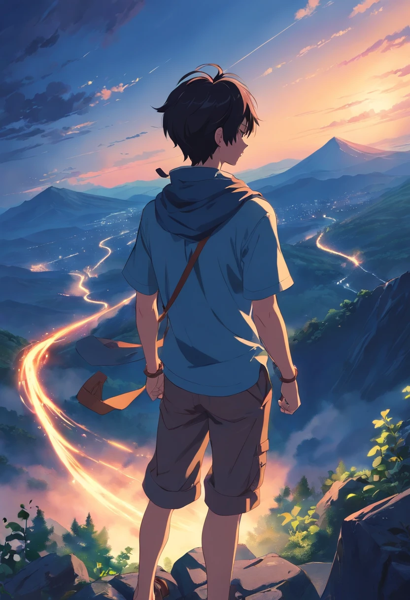 A boy with darkness who has immensive power who slaughtered a clan standing with a great tragic style with no regrets attitude on top of the mountain.
